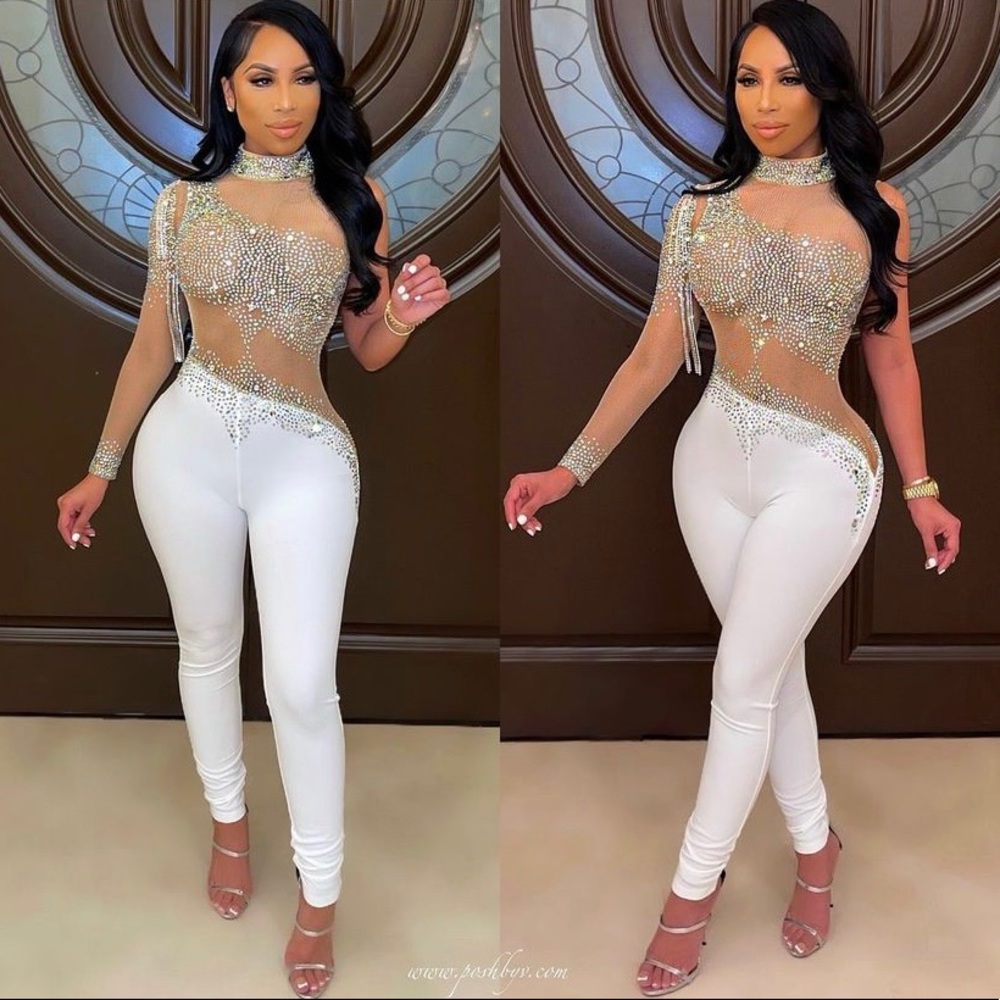 “Eliene Crystal Jumpsuit” PoshByV Clothing Co. Size L Nude/White CrystalEmbellis